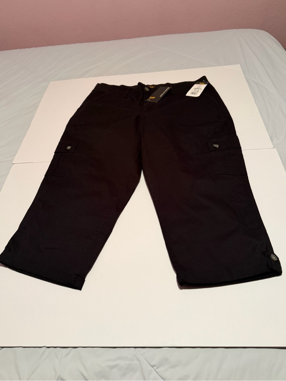 Lee women’s Black Cargo Capri Pants with Button-Tab Hem